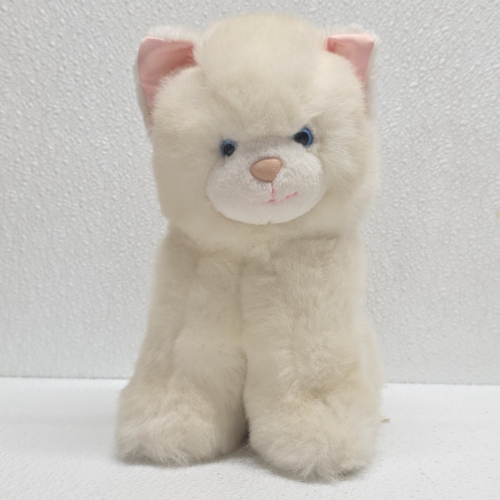 Vintage Mighty Star White Cat Sitting Plush Blue Eyes Pink Satin Ears